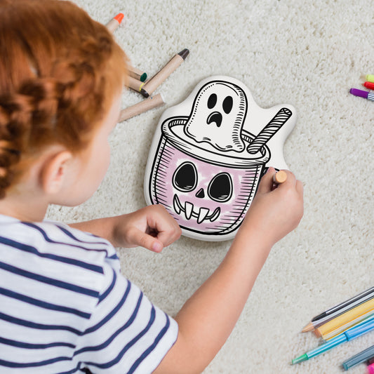 10" Almohada para colorear con fantasma de Halloween en una taza