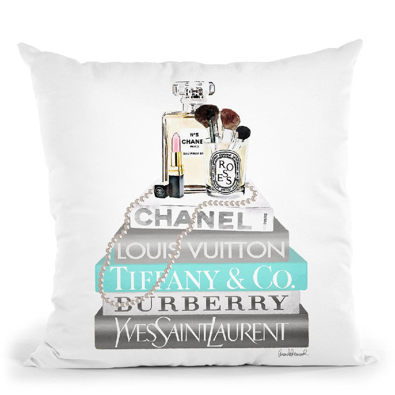Silver Teal Book Stack With Pearls & Perfume Throw Pillow By Amanda Gr –  All About Vibe