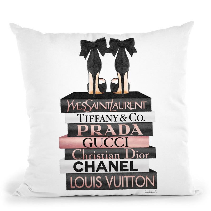 Rose Gold & Black Book Stack With Black Heel Throw Pillow By