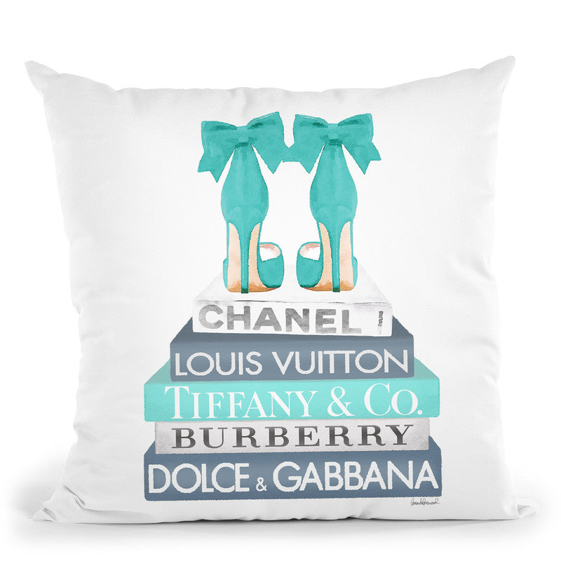 Blue And Teal Fashion Books With Bow Shoes Glitter Stripe, Throw Pillow By  Amanda Greenwood