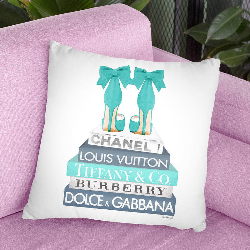 Blue And Teal Fashion Books With Bow Shoes Glitter Stripe, Throw Pillow By  Amanda Greenwood