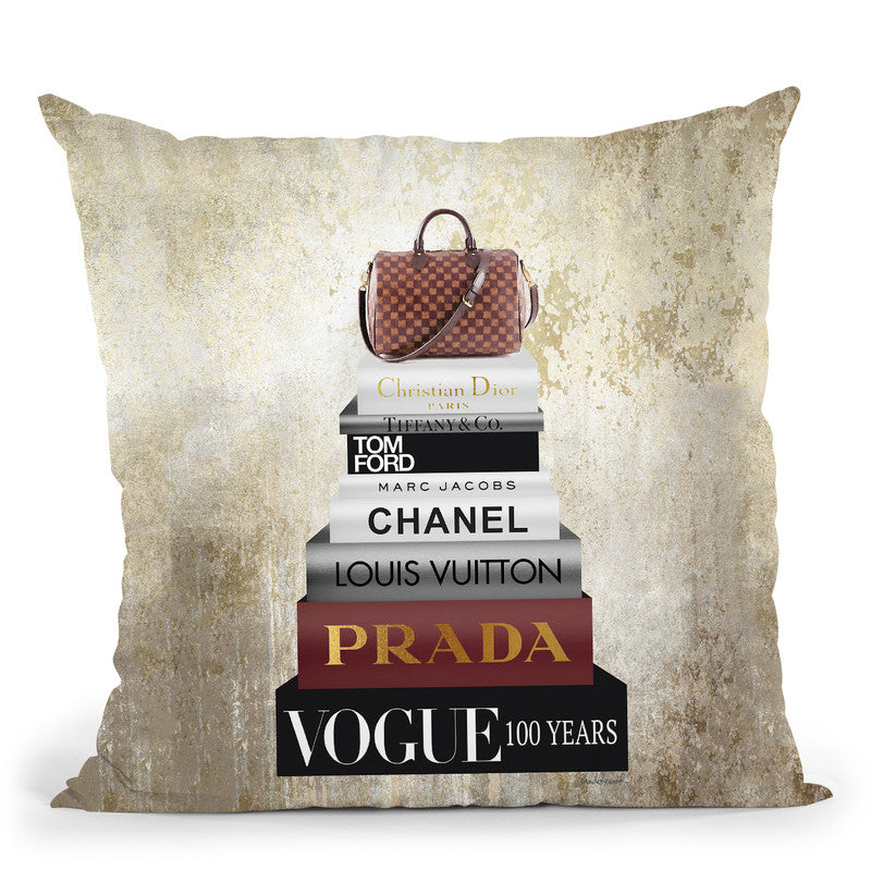 Tall Book Stack With Brown Bag & Gold Background Throw Pillow By Amand –  All About Vibe