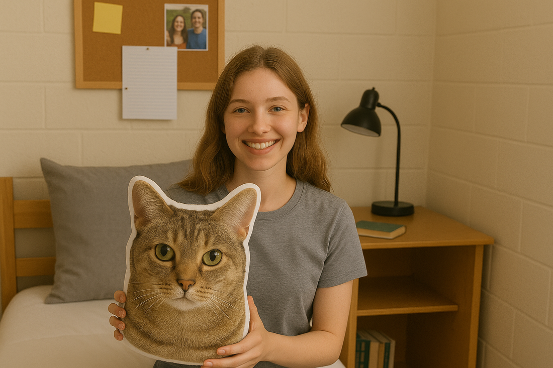 college student with custom cat pillow in dorm