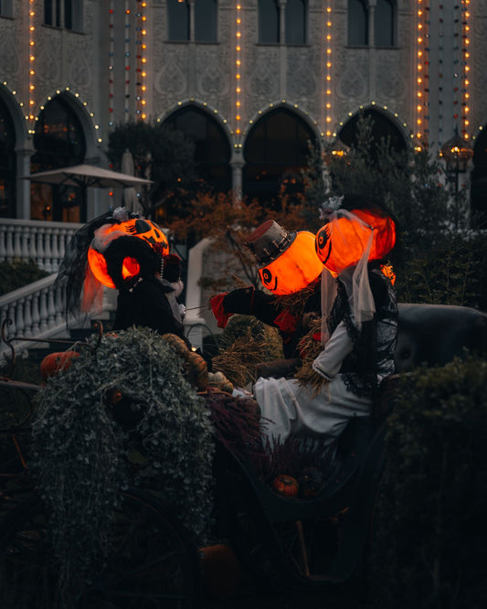 Halloween scene with people in costumes