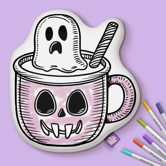 10" Almohada para colorear con fantasma de Halloween en una taza