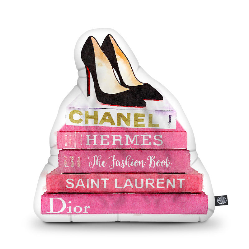 Black Stilettos Pink Fashion Books Shaped Throw Pillow by Amanda Greenwood - by all about vibe