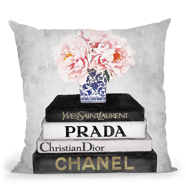 Books Of Fashion, Grey, Flowers, Grey Grunge Throw Pillow By Amanda Greenwood