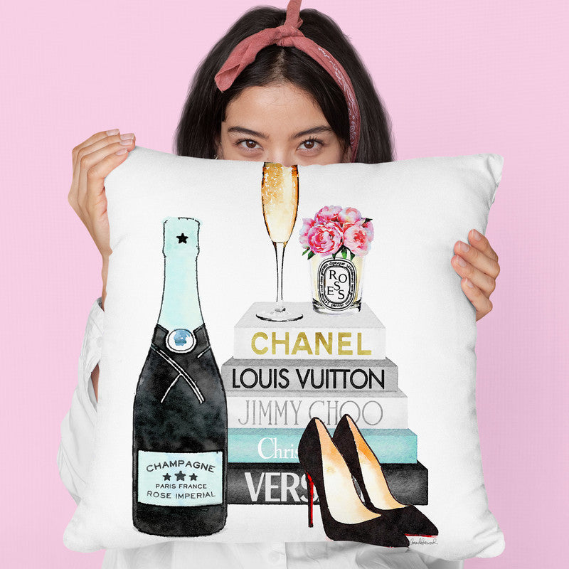 New Blue Books With Blue Champagne,Oes, Rose Throw Pillow By Amanda Greenwood