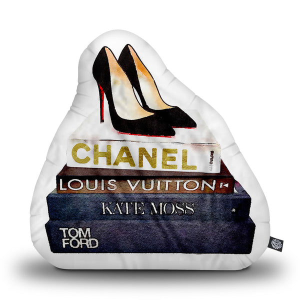 Black Stilettos And Fashion Books Shaped Throw Pillow by Amanda Greenwood - by all about vibe