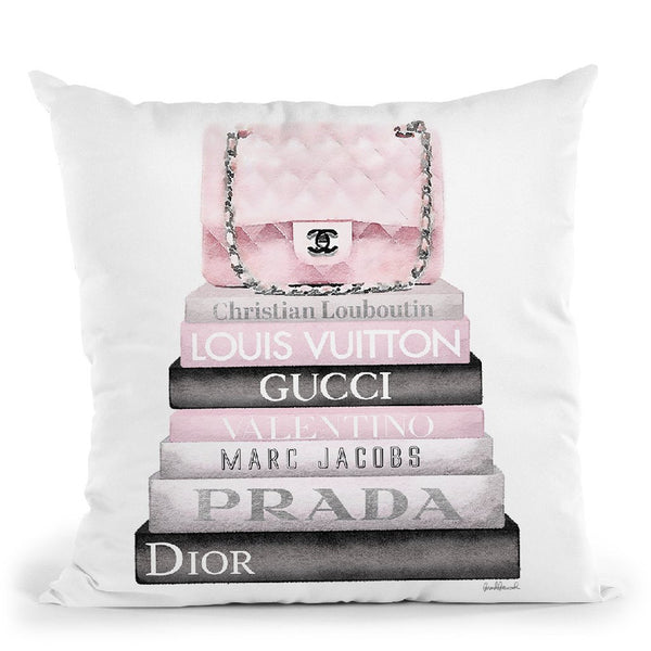 Medium Book Stack Grey Soft Pink, Quilted Bag Throw Pillow By Amanda Greenwood