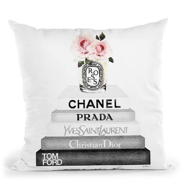 Grey Books With Candle Roses Throw Pillow By Amanda Greenwood