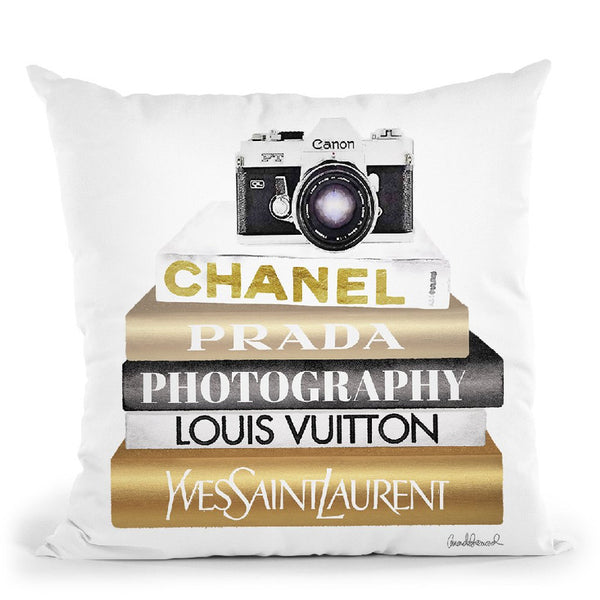 Gold Bookstack With Camera Throw Pillow By Amanda Greenwood