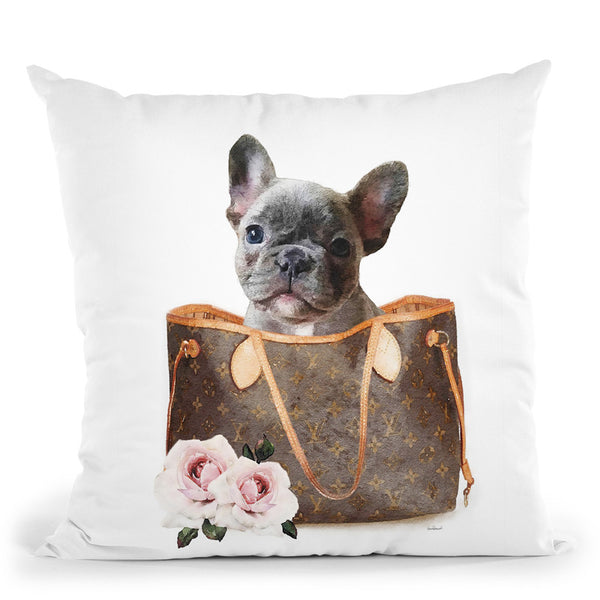 Brown Shoulder Bag With Grey Frenchie Throw Pillow By Amanda Greenwood