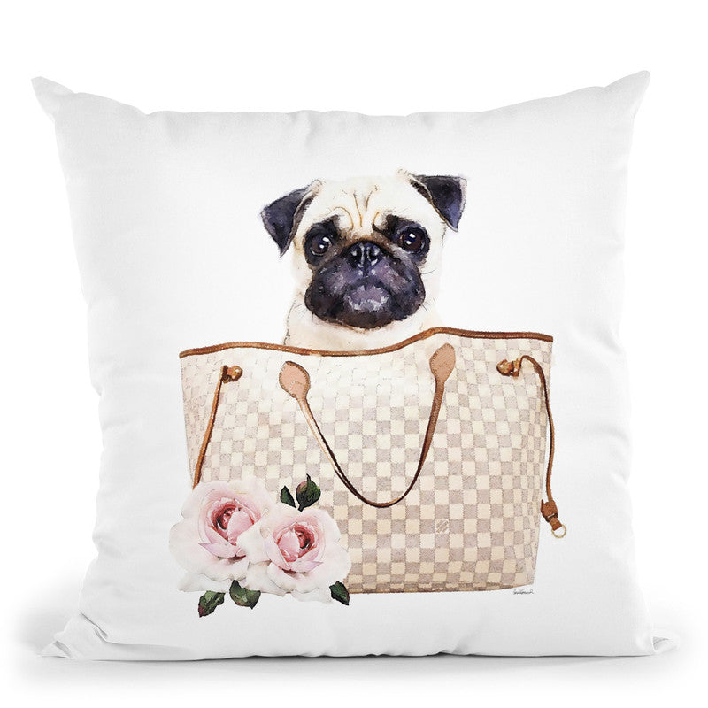 Grey/Tan Shoulder Bag With Cream Pug Throw Pillow By Amanda Greenwood
