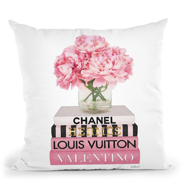 Short Pink Book Stack With Stripe, Peony In Vase Throw Pillow By Amanda Greenwood