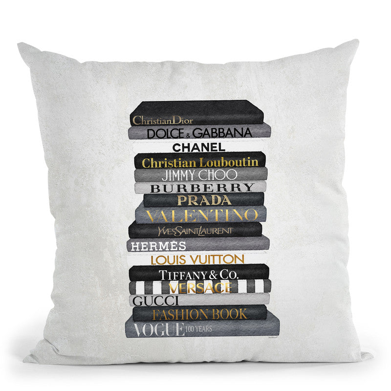 High Fashion Book Stack Black & White, Gold Font Throw Pillow By
