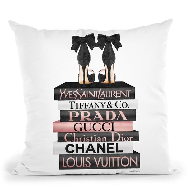 Rose Gold & Black Book Stack With Black Heel Throw Pillow By Amanda Greenwood