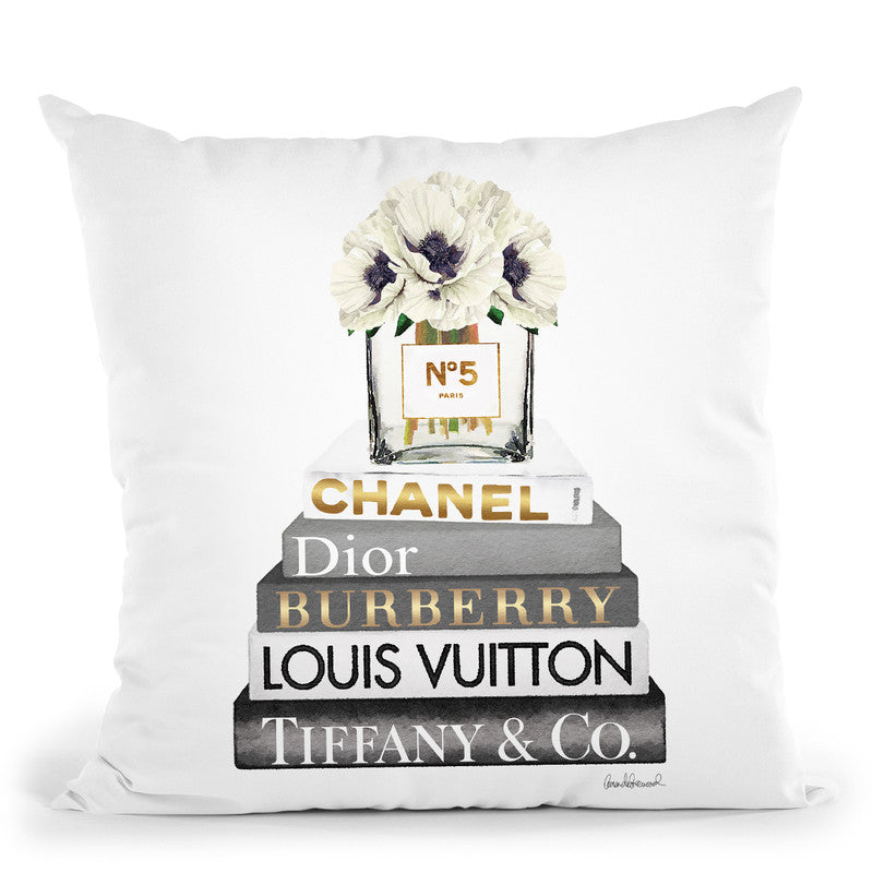 Grey Fashion Books With White Poppies Throw Pillow By Amanda Greenwood