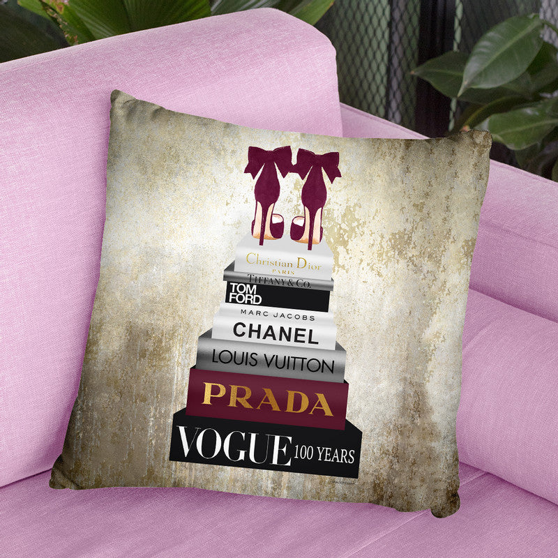 Tall Book Stack With Burgundy Shoes & Gold Background Throw Pillow By Amanda Greenwood