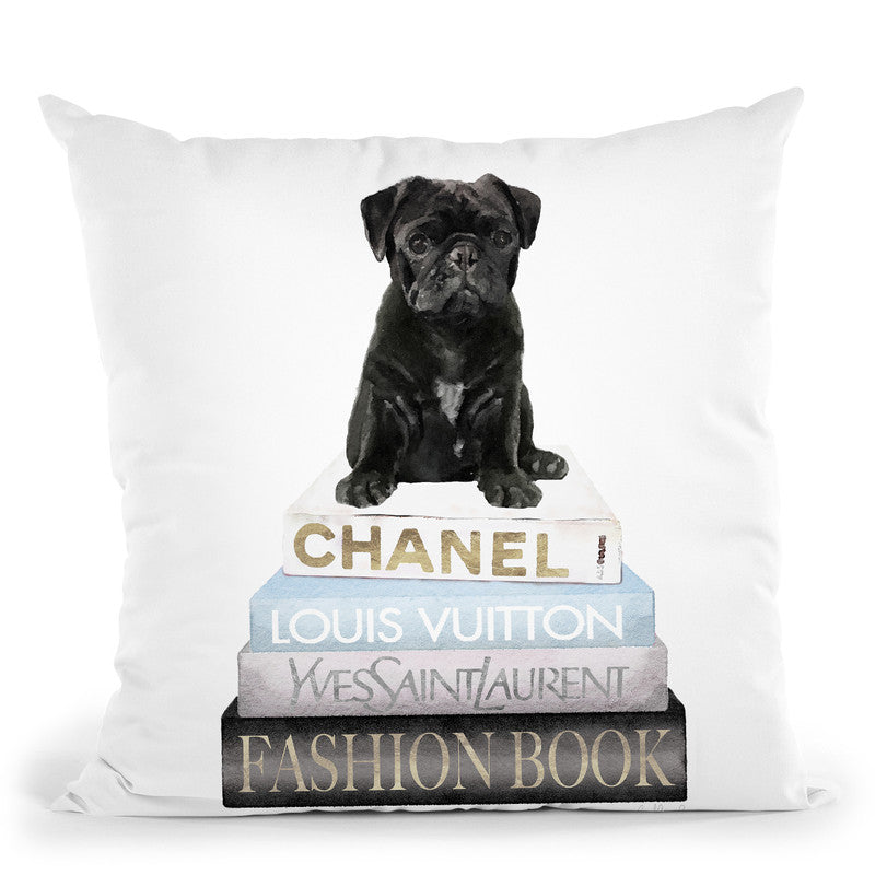 New Books Grey Blue With Black Pug Throw Pillow By Amanda