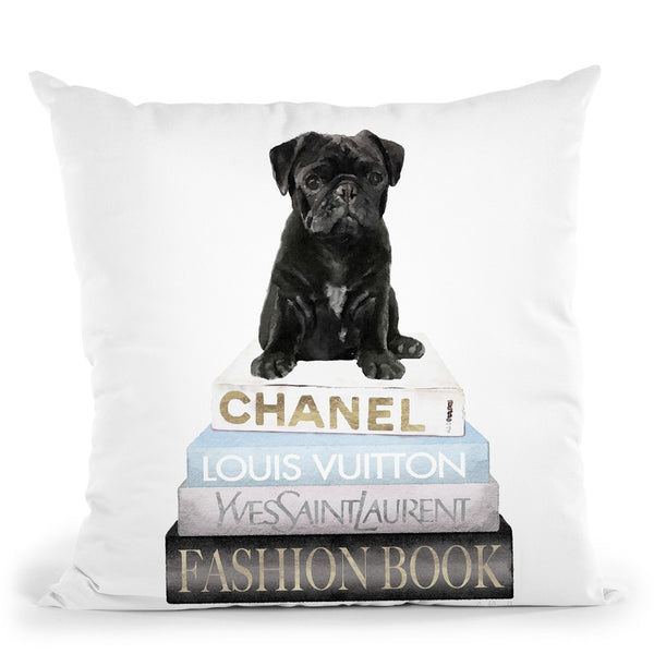 New Books Grey Blue With Black Pug Throw Pillow By Amanda Greenwood