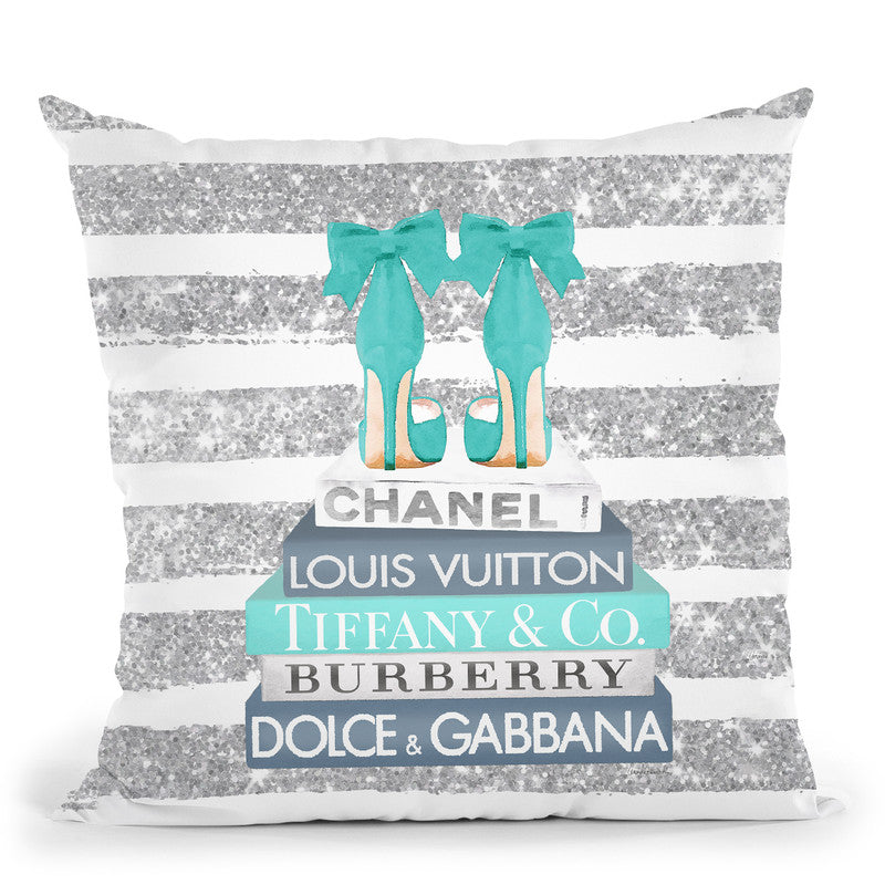 Blue And Teal Fashion Books With Bow Shoes Glitter Stripe Throw Pillow –  All About Vibe