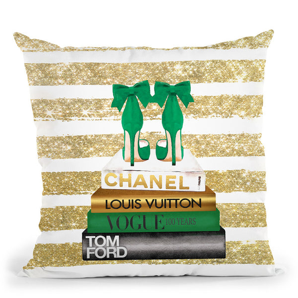 New Books Grey Emerald Green, Bow Shoes, Glitter Stripe, Throw Pillow By  Amanda Greenwood