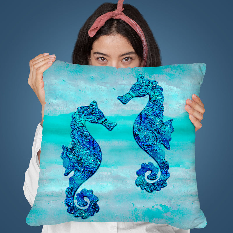 Sea Horse Blue Glam Throw Pillow By Andrea Haase