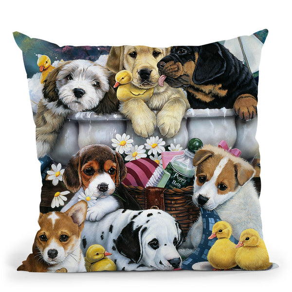 Bath Time Pups Throw Pillow By Jenny Newland - All About Vibe