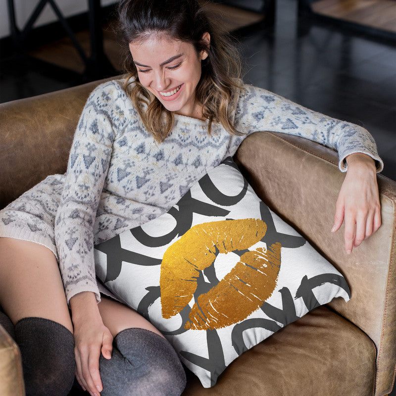 Xoxo Gold Lips Throw Pillow By Blakely Bering