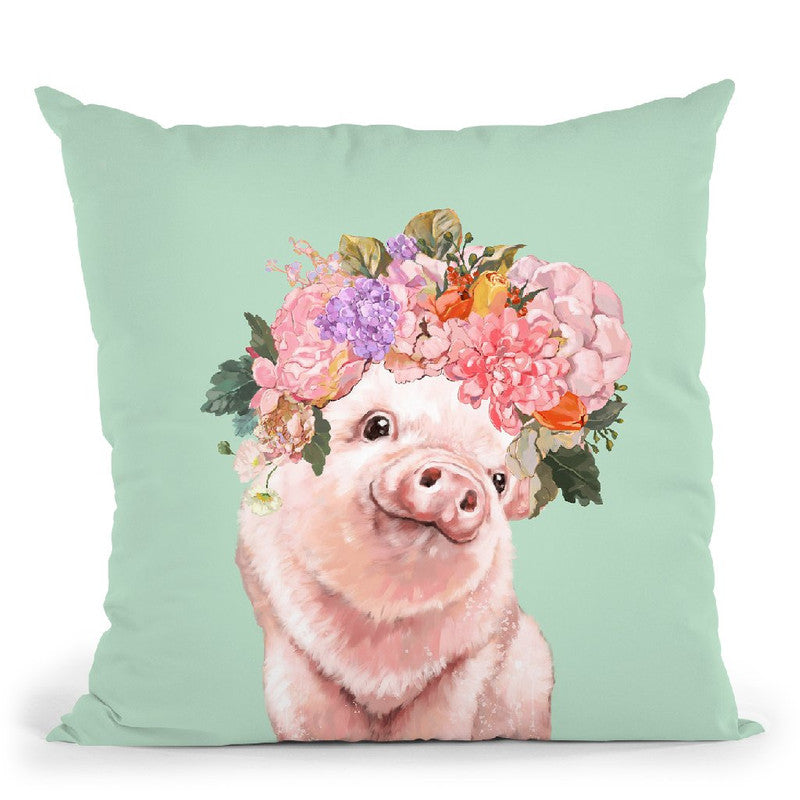 baby Pig with Flower Crown in Green Throw Pillow by Big Nose Work