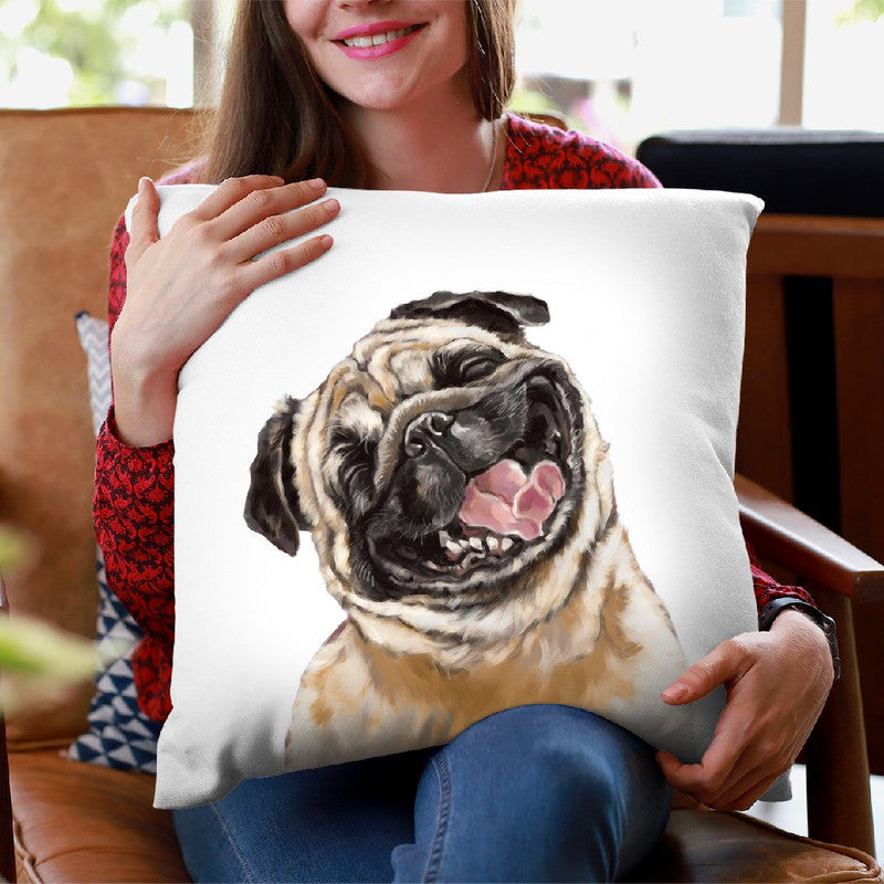 Happy Laughing Pug Throw Pillow by Big Nose Work