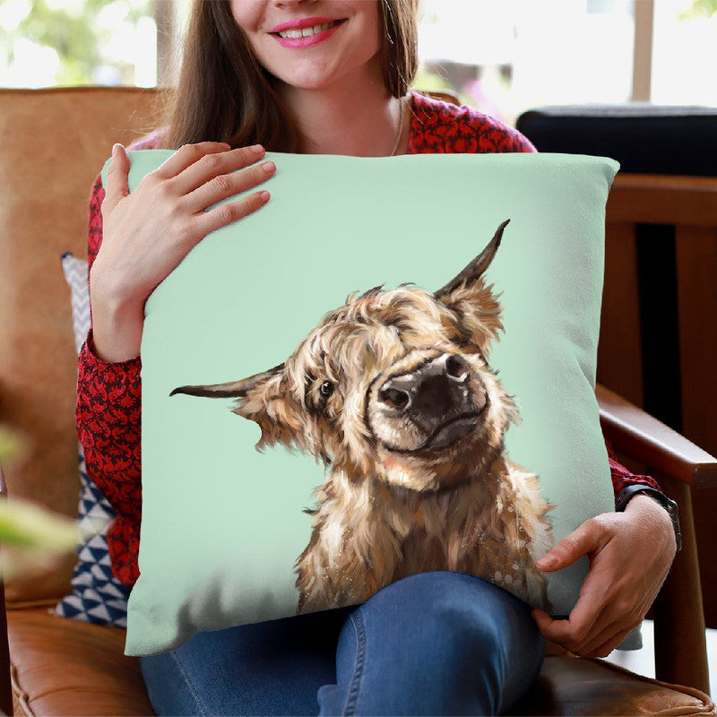 Highland Cow in Green Throw Pillow by Big Nose Work