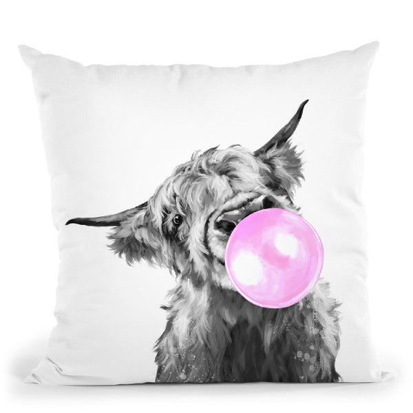 Highland Cow with Bubble Gum Black and White Throw Pillow by Big Nose Work