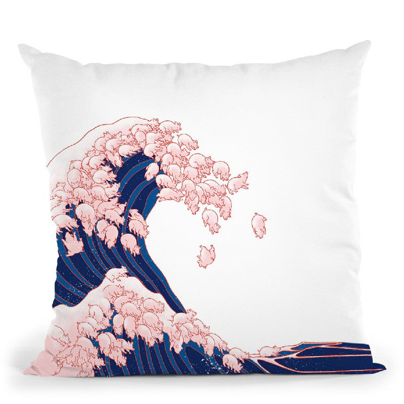 Pink Pigs Waves in White Throw Pillow by Big Nose Work