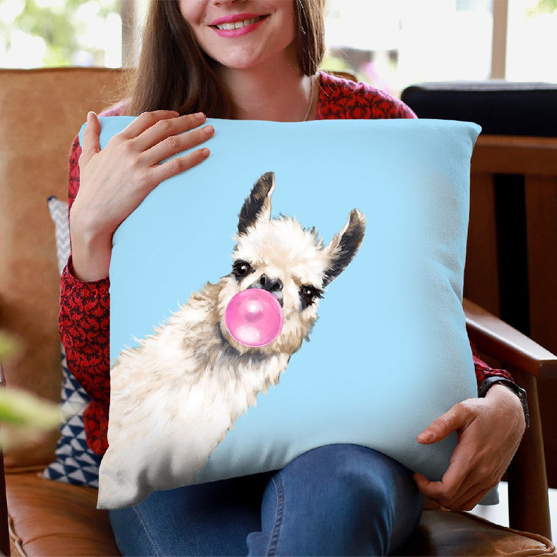 Sneaky Llama with Bubble Gum in Blue Throw Pillow by Big Nose Work