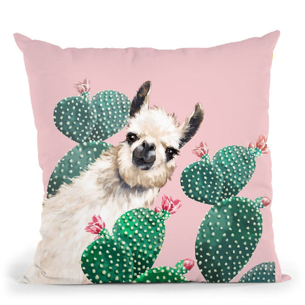 Sneaky Llama with Cactus in Pink Throw Pillow by Big Nose Work