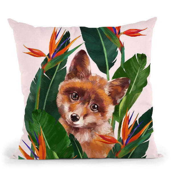 Baby Fox in Bird of Paradise Throw Pillow by Big Nose Work
