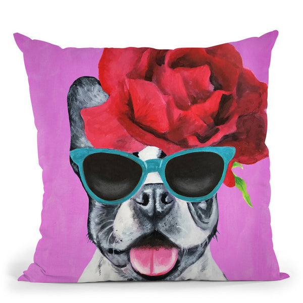 Flower Power Bulldog Fushia Throw Pillow By Coco De Paris