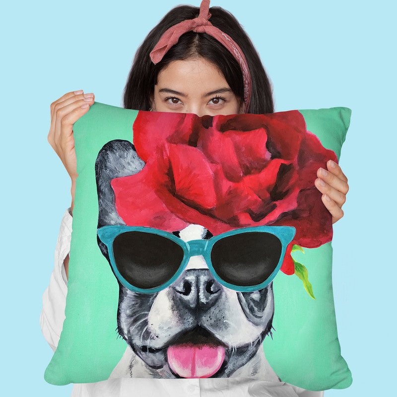 Flower Power Bulldog Green Throw Pillow By Coco De Paris