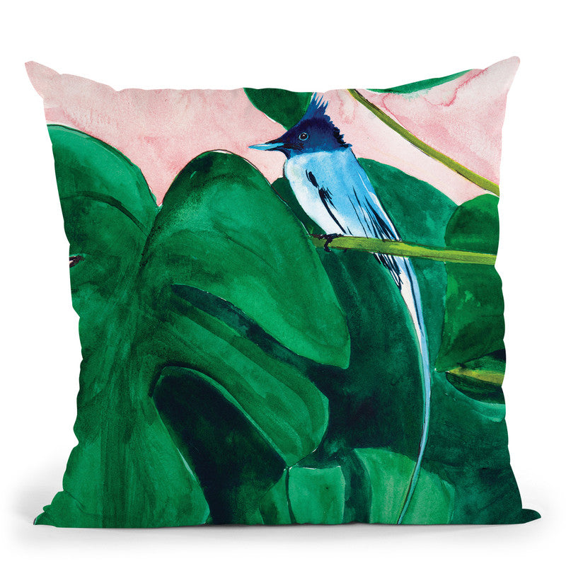 Blue Bird In The Monstera Plant Small Throw Pillow By Christine Lindstrom