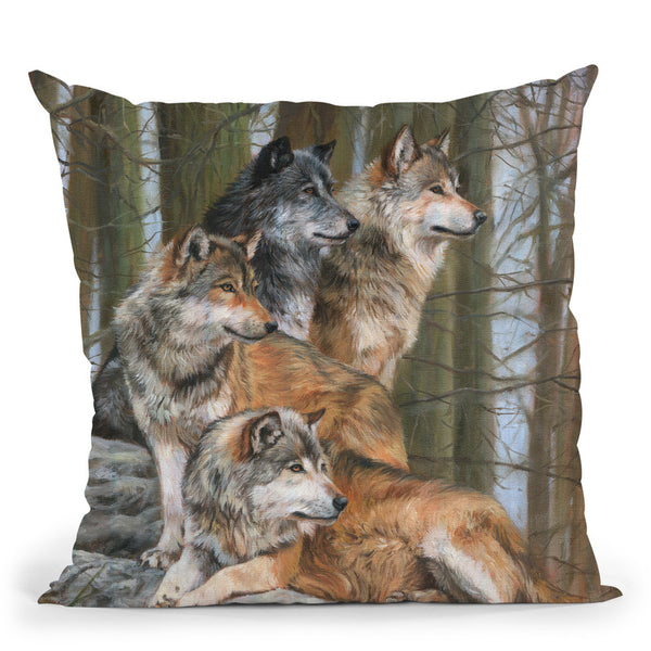 Four Wolves Throw Pillow By David Stribbling