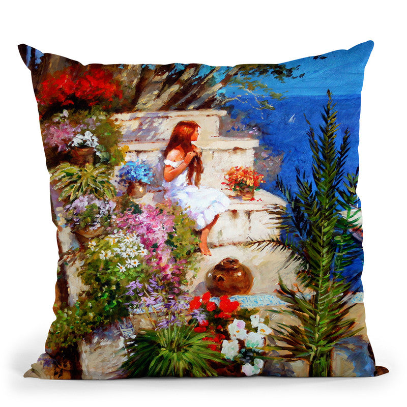 Mallorcan Terrace Throw Pillow By John Haskins - by all about vibe