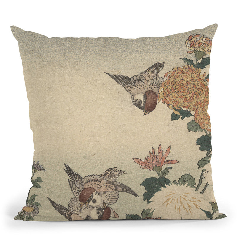 Sparrows And Chrysanthemums Throw Pillow By Katsushika Hokusai