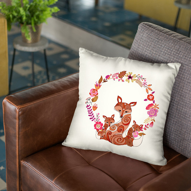Fox & Flowers Original Warm Neutral Throw Pillow By Monika Strigel