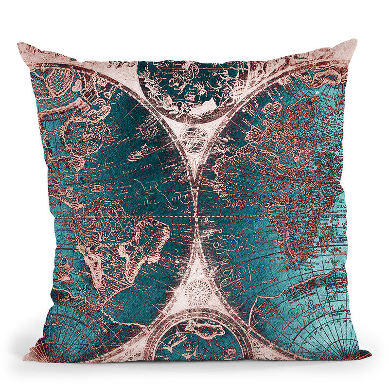 Vintage World Map Teal And Rose Gold Throw Pillow By Nature Magick
