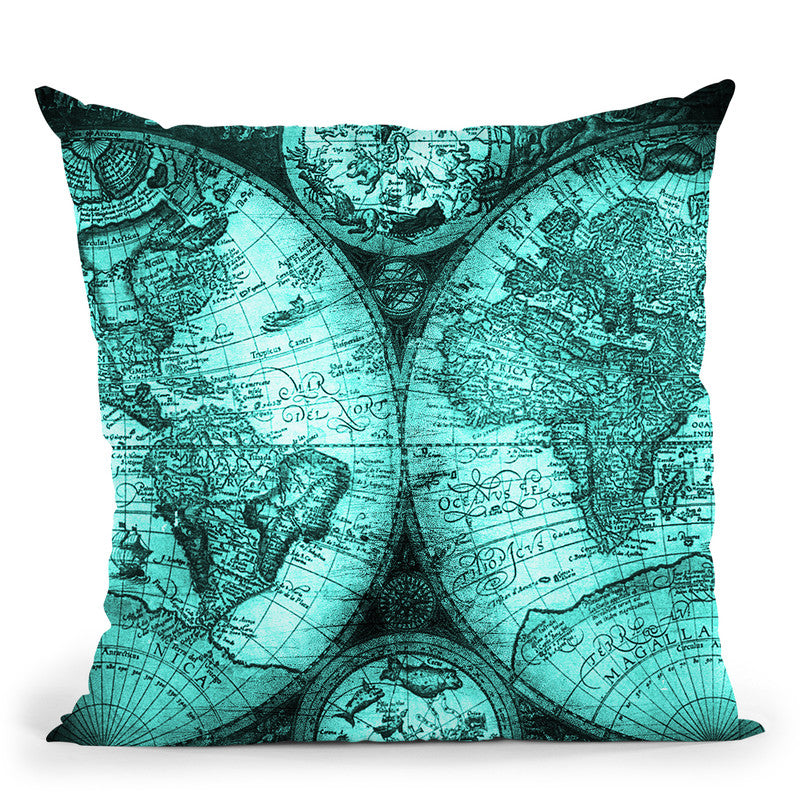 Vintage World Map Teal Green Throw Pillow By Nature Magick