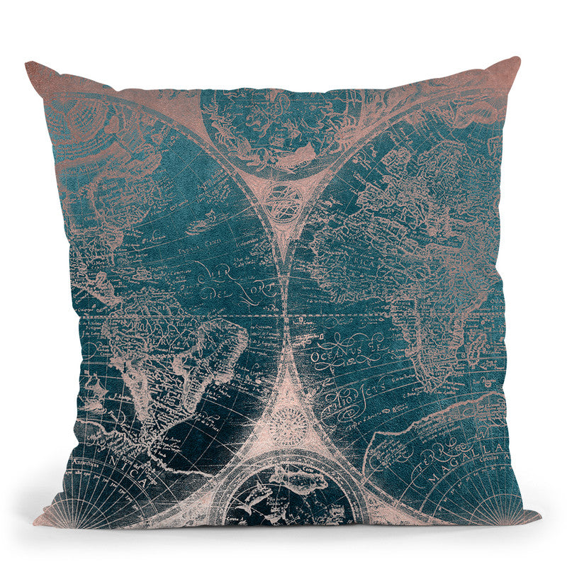 Vintage World Map Teal And Rose Gold Iii Throw Pillow By Nature Magick