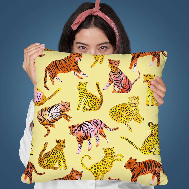Tigers And Leopards Yellow Throw Pillow By Ninola Design