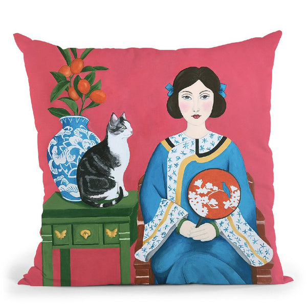 Chinese Woman And Cat Throw Pillow By Sally B